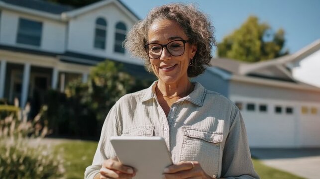 Smiling elderly woman with tablet on porch in sunny neighborhood