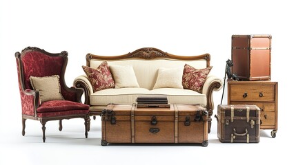 Vintage classic home furniture such as sofa, chest of drawers, lamps and chairs