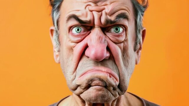 A close-up of an older man with an exaggerated angry expression against an orange background.