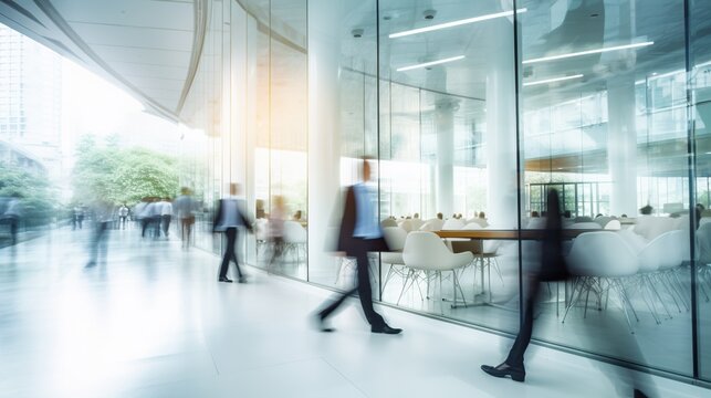 Business people in motion with dynamic blur effect in a business office.
