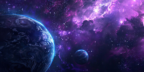 Fototapeta premium Space Odyssey: Galactic blues, starry blacks, and cosmic purples create a space odyssey theme. This scheme is often used in space exploration documentaries, sci-fi movie posters, and futuristic event 