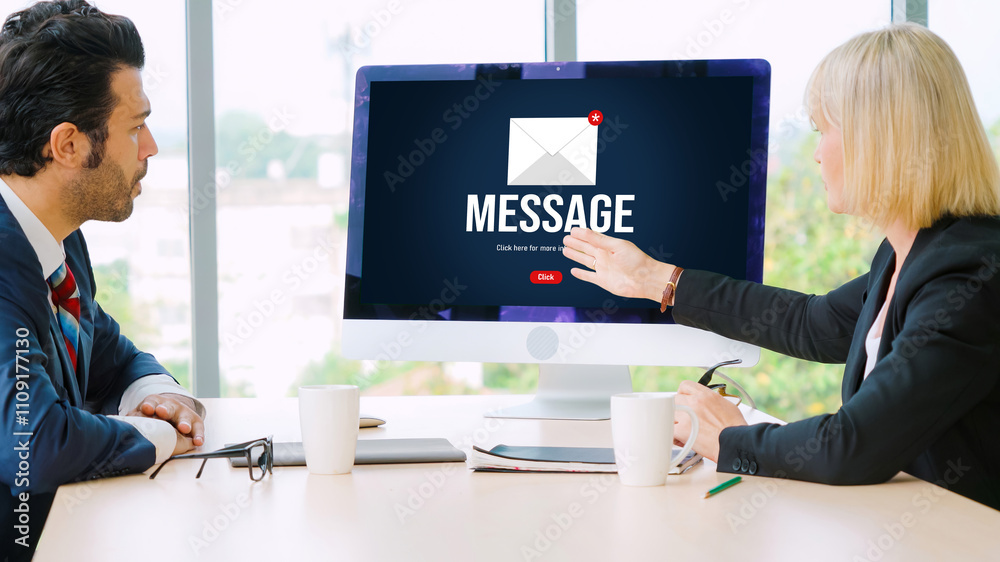 Poster email notification message showing on computer screen snugly. digital marketing message information 