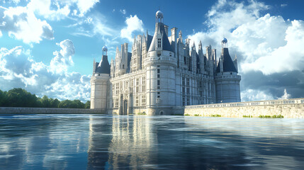 A Breathtaking Scene of a Massive French Medieval Castle Enclosed by a Glass Wall, Defying Water and Surrounded by Enchanting Landscapes