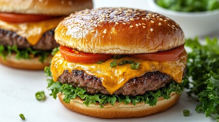 Two delicious cheeseburgers with lettuce, tomato, and melted cheese on sesame seed buns.