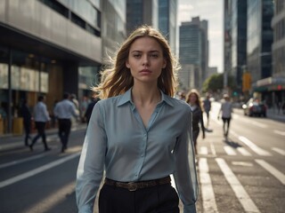 Fototapeta premium A woman standing against a city backdrop, with people walking in the streets, capturing the bustling urban life and a sense of individuality in a modern environment