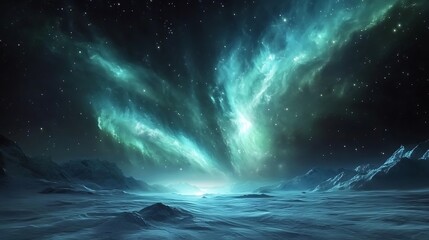 Electric green and blue auroras forming an arc above the horizon of an icy wilderness