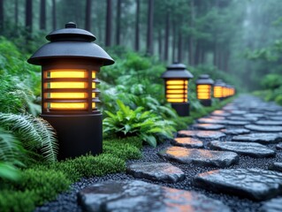 Fototapeta premium Premium Garden Lighting Elevate Your Outdoor Space with Seamlessly Integrated, Bold Fixtures and Premium Lighting Designs Concept images showcase stunning pathway illumination, enhancing landscape