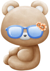 Brown bear wearing blue sunglasses with sunflower pattern