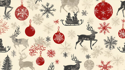 Charming holiday-themed design featuring reindeer, snowflakes, and ornaments, perfect for seasonal crafts or seasonal decor.