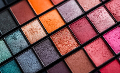 Fototapeta premium Vibrant eyeshadow palette of colors. A palette of diverse eyeshadow colors displays shades from bold to subtle, ideal for creative makeup applications.
