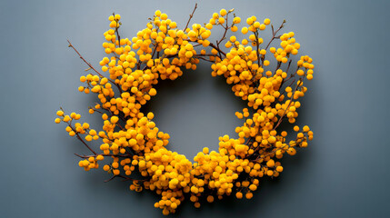 Obraz premium Beautiful yellow floral wreath on gray background. Circular wreath made of vibrant yellow flowers rests on a smooth gray surface, showcasing a vibrant design.