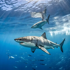 Obraz premium huge white sharks in blue ocean swim underwater