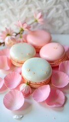 Romantic Pastel Dessert Display with Macarons and Fresh Floral Accents