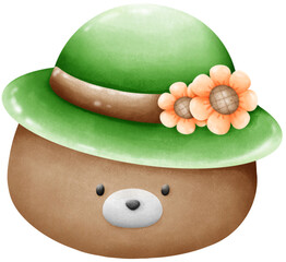 Bear wearing a green hat decorated with sunflowers