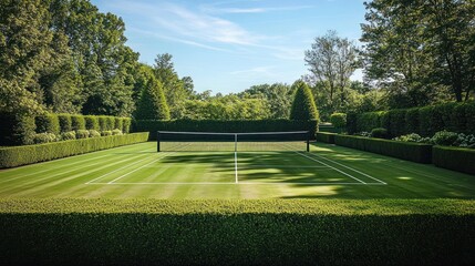 Lush green tennis court nestled in a manicured garden with tall hedges and trees under a bright sky.