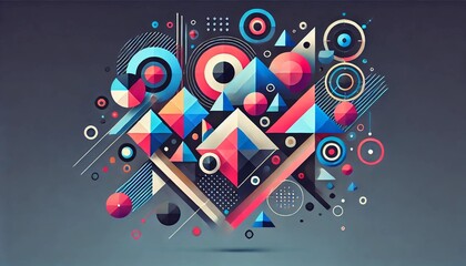 Obraz premium A visually striking composition of geometric shapes in a modern abstract style. The image includes colorful triangles, circles, squares, and polygons