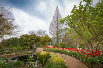 The Two Lipz Path at the Atlanta Botanical Garden offers a stunning display of nature's beauty, where vibrant tulips in a variety of colors line the winding path. 