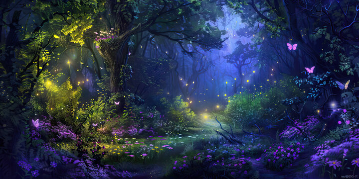 Enchanted Forest: Deep forest green, mystical purple, and fairy wing blue create an enchanted forest theme
