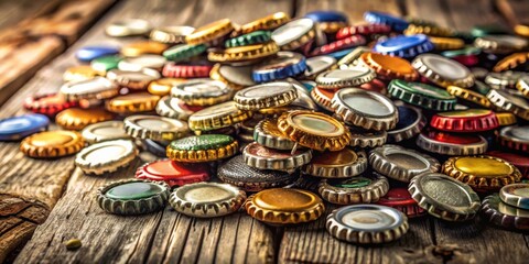 A colorful collection of bottle caps scattered across a weathered wooden surface, showcasing a vibrant mix of metallic and enamel finishes.