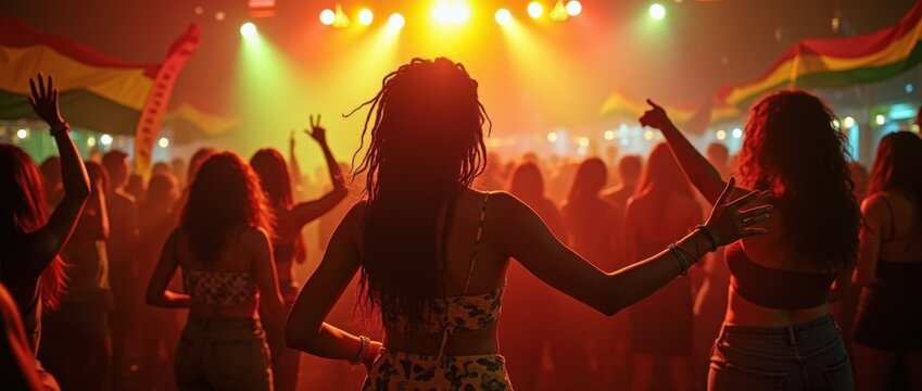 International Reggae Day celebration peoples. Ragga Jamaican dance music party - Powered by Adobe