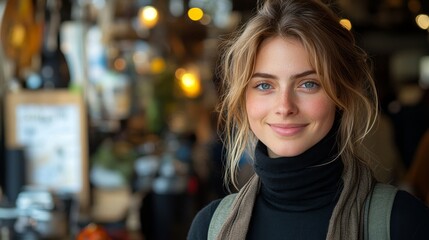 Obraz premium Young woman with beautiful smile in a cozy cafe setting