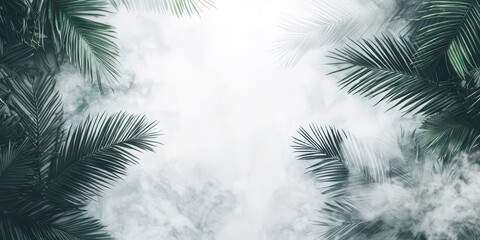 Obraz premium Lush green palm leaves frame a misty background, creating a serene and tropical atmosphere.