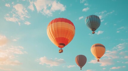 Fototapeta premium Colorful Hot Air Balloons Float in Clear Blue Sky Under Bright Sun