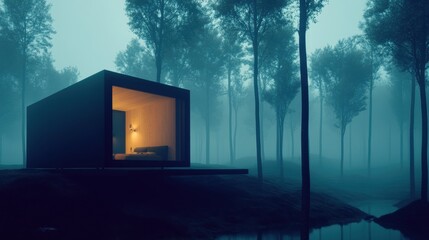 Modern cabin glows warmly amidst a misty forest, creating a serene and mysterious ambiance, AI