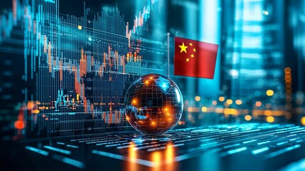 Stock market chart. Finance, economy, business and flag concept. Digital globe with China's flag and data visuals