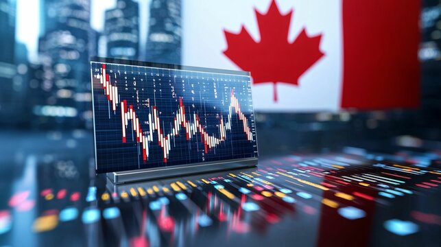 Stock market chart. Finance, economy, business and flag concept. Data analysis with Canadian flag backdrop