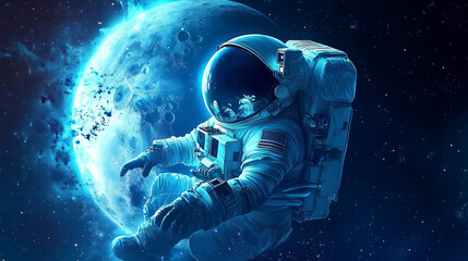 Astronauts in Space, Moon, Blue