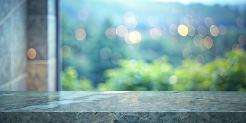 Fototapeta premium A smooth, flat granite countertop with a blurred backdrop of a serene outdoor scene, featuring lush foliage and a soft, ethereal glow.