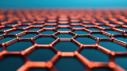 Naklejka premium Material science and strength, A close-up view of a hexagonal grid structure, highlighting intricate details of a metallic material against a blue backdrop.