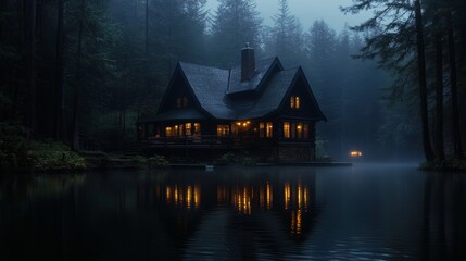 Fototapeta premium Eerie Lakeside Cabin Under Dim Lights in Dark Forest Setting