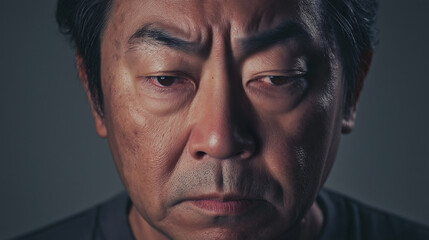Obraz premium A powerful, evocative image capturing a middle-aged Asian man lost in thought, revealing deep emotions through his expressive gaze and furrowed brow.