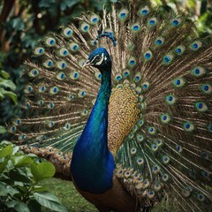 Obraz premium A majestic peacock displaying its colorful feathers in a lush tropical garden.