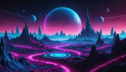 Fototapeta premium Futuristic Neon Landscape with Glowing Planet and Cyberpunk Aesthetic