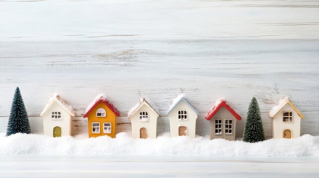 Christmas Village in Snowy Winter Wonderland - Festive Christmas background featuring miniature houses covered in snow, nestled amidst snowy landscape and fir trees. Symbolizing home, peace, joy, fami