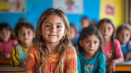Fototapeta premium Diverse Group of Children Smiling in a Colorful Classroom Setting