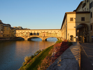 Morning view river Arno and Ponte Vecchio in Florence, Italy	