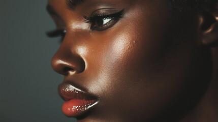 This stunning close-up captures the exquisite complexion and striking features of a dark-skinned model, emphasizing beauty through bold makeup and soft light.