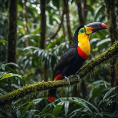Fototapeta premium A vibrant toucan perched on a branch in a dense rainforest.