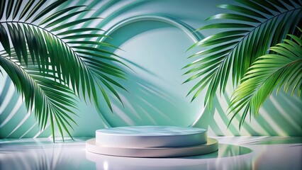 Obraz premium A minimalist tropical product display featuring a circular platform with two tiers, partially obscured by palm leaves, casting soft shadows on a turquoise background.