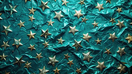 A scattering of glittering gold stars adorn a crumpled teal backdrop, creating a festive and whimsical scene.