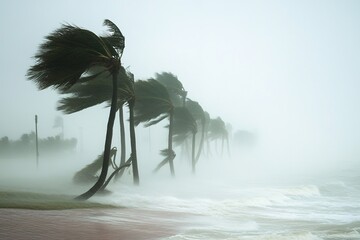 Palm trees sway in strong winds and mist, signaling a stormy weather.