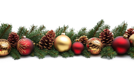 Christmas Tree Border With Gold And Red Decorations, Isolated On A White Background, Perfect For Festive Designs And Holiday Greetings