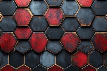 Futuristic surface with red, black and metallic hexagons. 3d rendering
