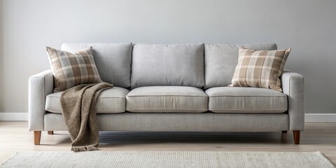Fototapeta premium A light grey sofa with wooden legs, styled with two plaid pillows and a brown throw blanket on a neutral rug in a minimalist living room
