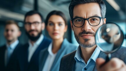 Focused businessman examining with magnifying glass alongside diverse colleagues in office setting.