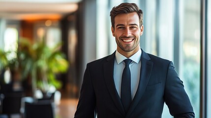 Fototapeta premium Professional and confident businessman, business consultant and legal officer standing smiling and looking at camera in office near glass window